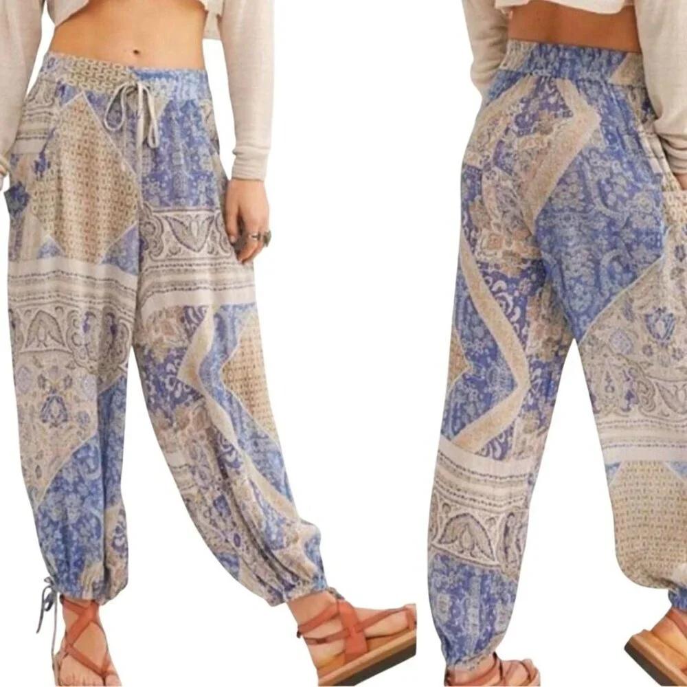 Free People Begonia Balloon Haram Pants Icy Blue Combo Pockets Size S